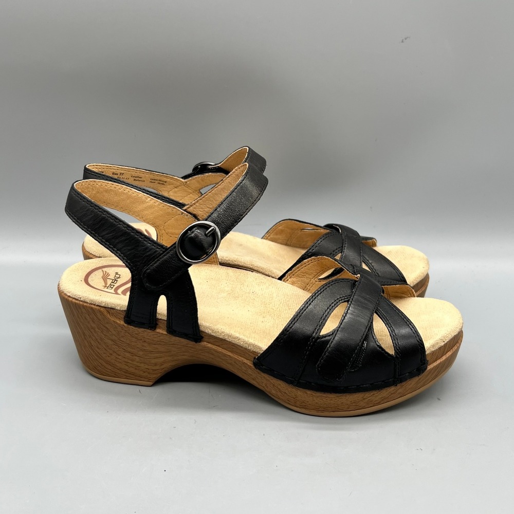 Dansko Sandals Womens 37 Black Leather Strappy Wedge Buckle Ankle Strap Comfort